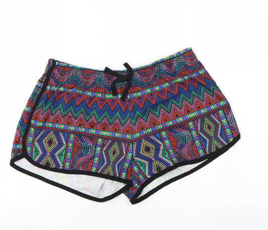 Front view of George women’s multicoloured geometric hot pants shorts, size UK 12