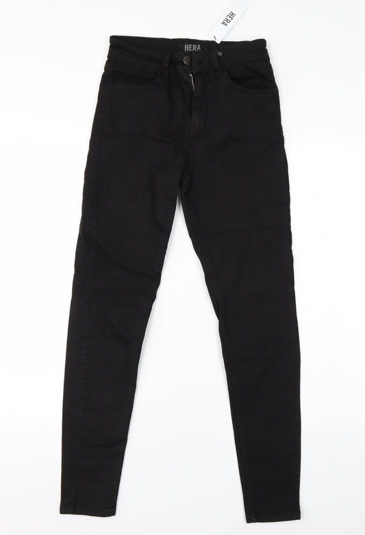 Front view of Hera women’s black denim skinny jeans, size UK 26, 27-inch leg