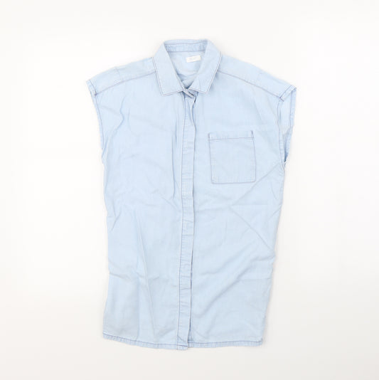 Front view of Next girls’ blue basic button-up, size 7, years