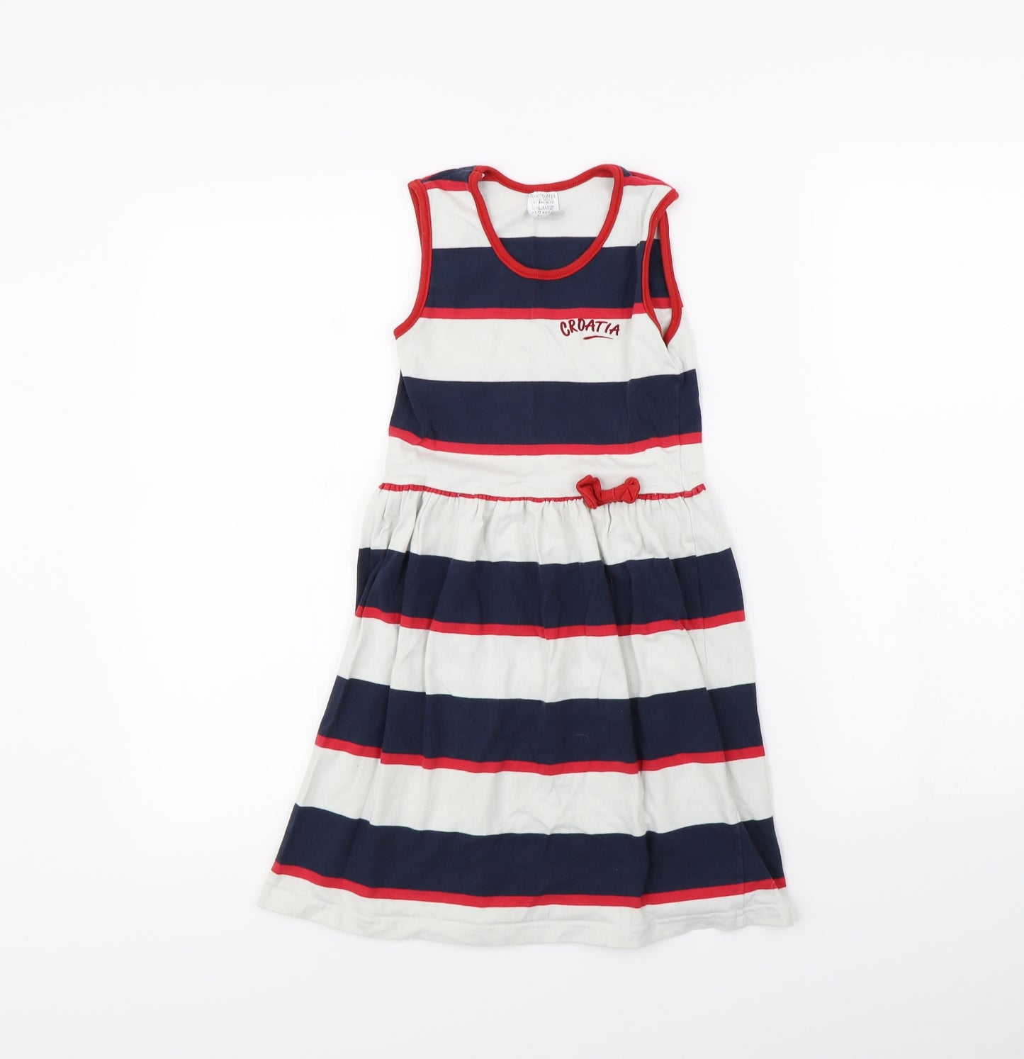 Preworn Girls White Striped Ramie Fit & Flare  Size 8 Years