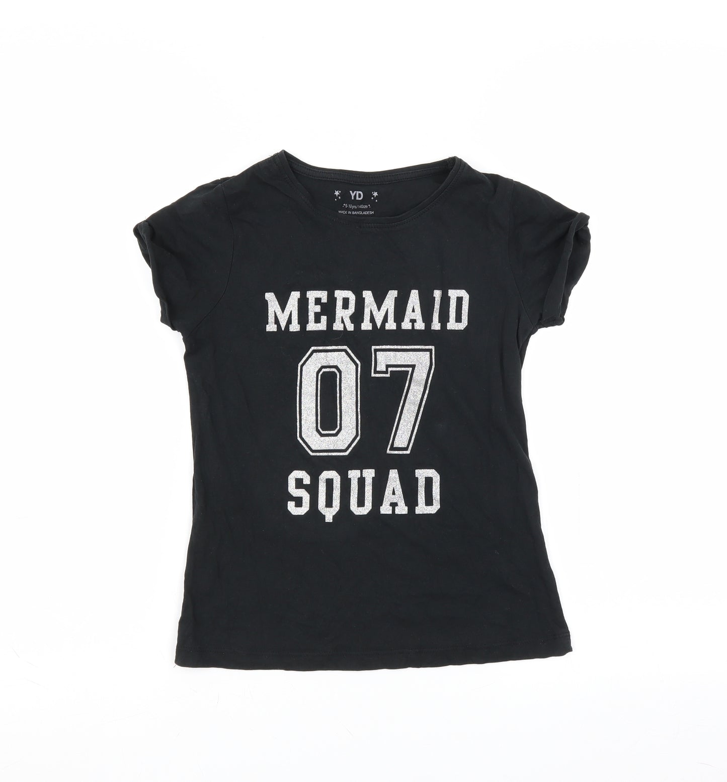 YD Girls Black   Basic T-Shirt Size 9-10 Years  - mermaid squad