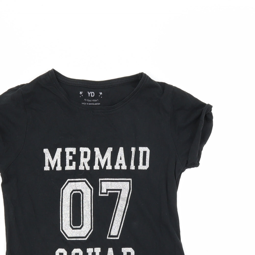 YD Girls Black   Basic T-Shirt Size 9-10 Years  - mermaid squad