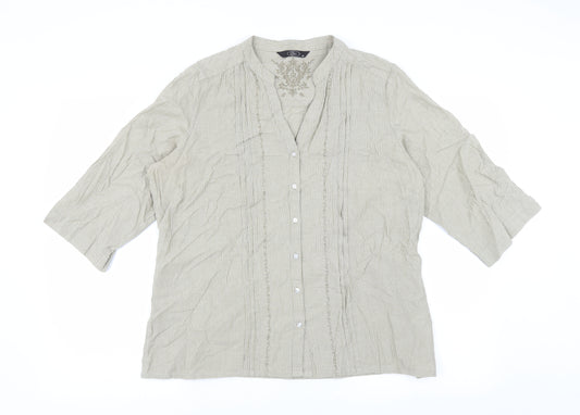 Front view of Bonmarché women’s beige striped basic blouse, size UK 16