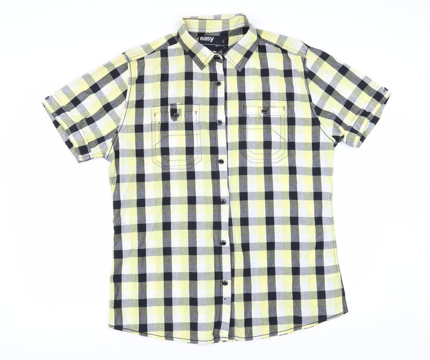 Easy Mens Yellow Check   Button-Up Size L