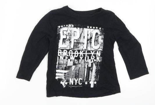 Front view of Primark boys’ black basic t-shirt, size 18-24, months - epic brooklyn new york