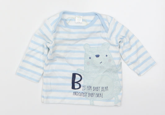 Front view of Mini Club boys’ blue striped basic t-shirt, size 0-3, months - b is for bear and baby