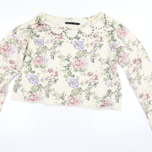 Crafted Womens Ivory Floral  Pullover Sweatshirt Size 14  - cropped
