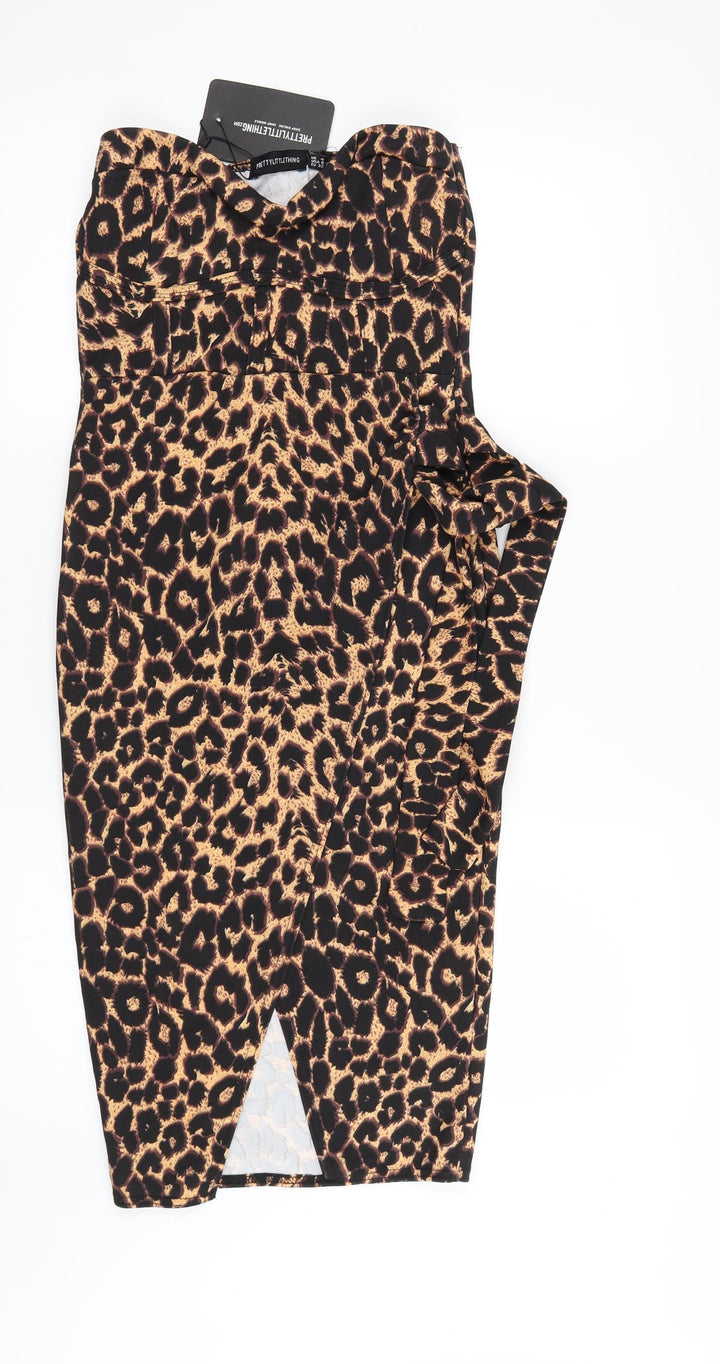 PRETTYLITTLETHING Womens Brown Animal Print Maxi Size 4 - STRAPLESS