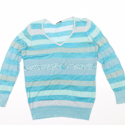 PLANET Womens Blue Striped  Pullover Jumper Size M
