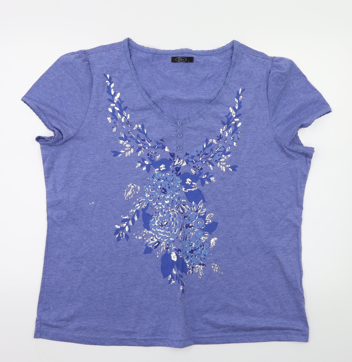 BM Womens Blue Floral  Basic T-Shirt Size L