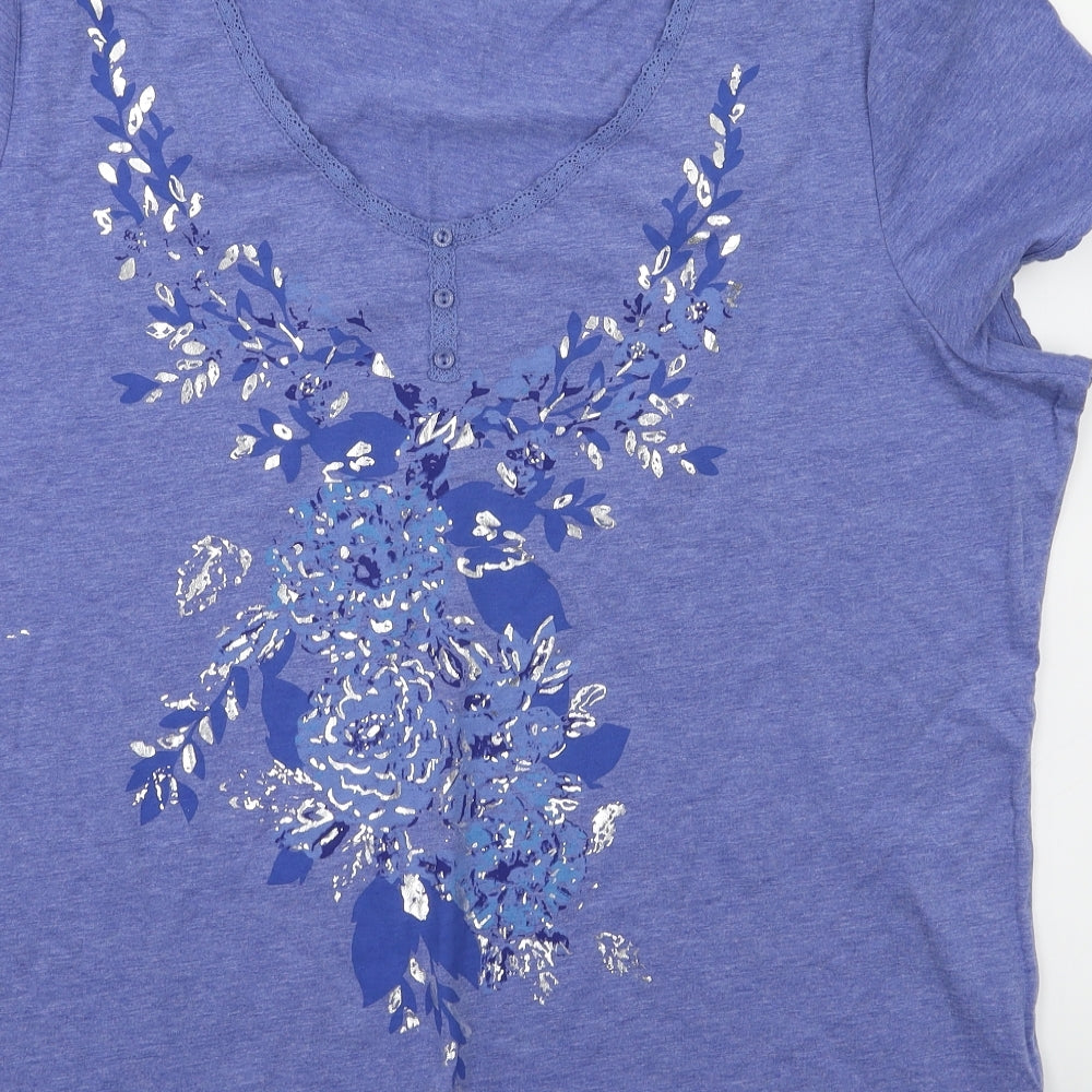 BM Womens Blue Floral  Basic T-Shirt Size L