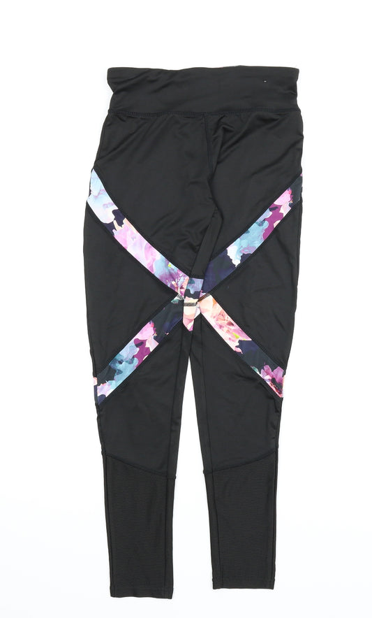 Front view of Atmosphere women’s black floral compression leggings, size UK 8, 24-inch leg