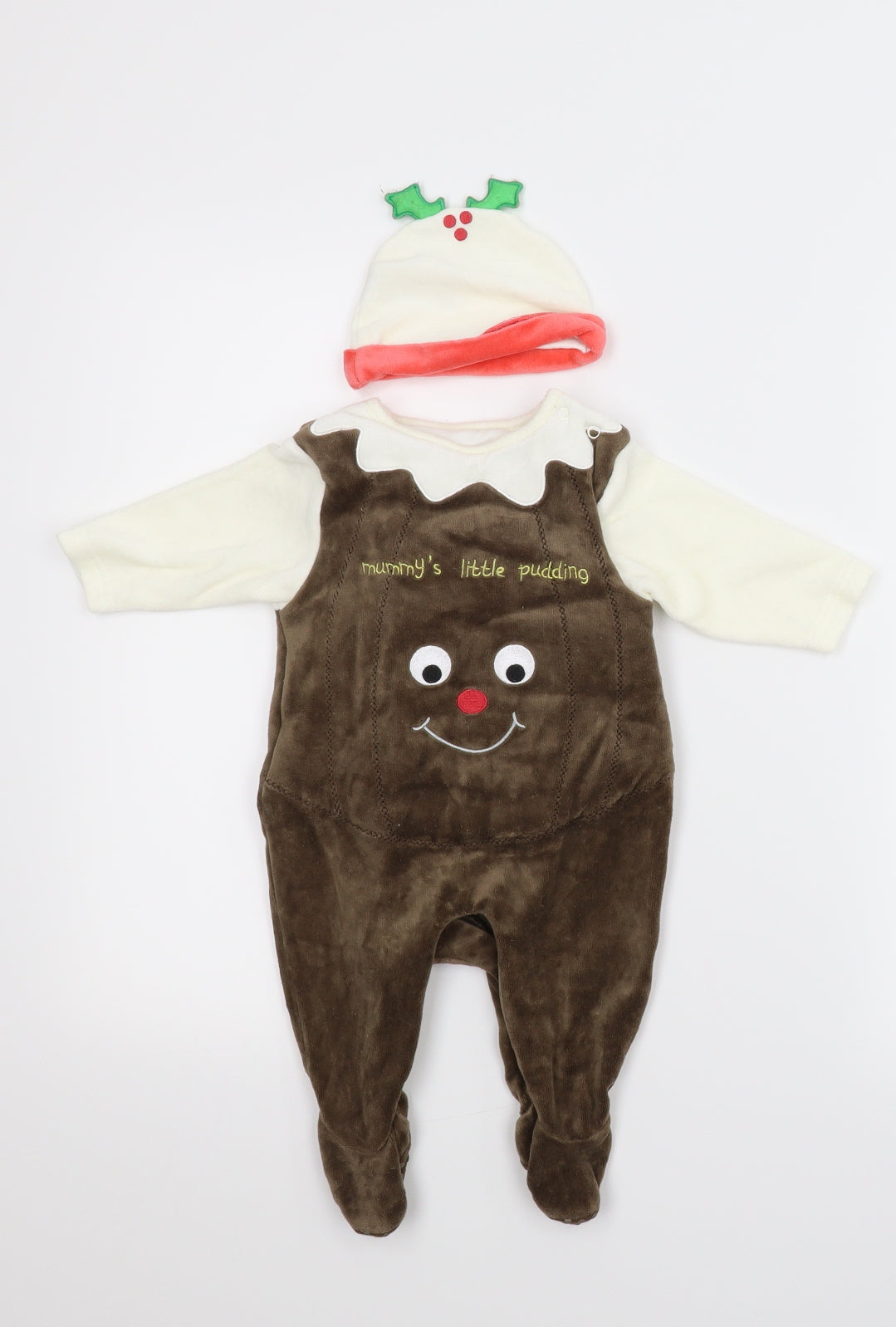 M&Co Baby Brown   Babygrow One-Piece Size 3-6 Months  - Pudding, Christmas. Hat included