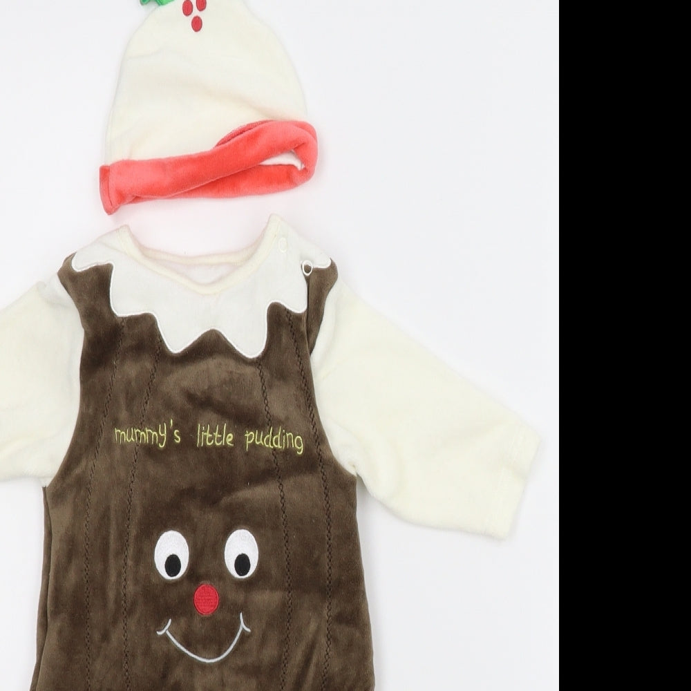 M&Co Baby Brown   Babygrow One-Piece Size 3-6 Months  - Pudding, Christmas. Hat included