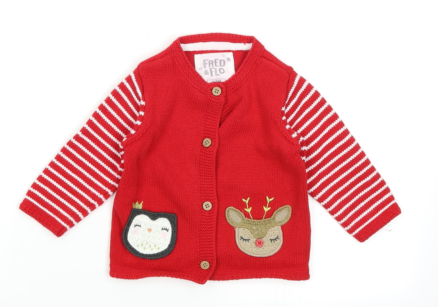 Fred & Flo Girls Red Striped Knit Cardigan Jumper Size 3-6 Months  - Christmas Reindeer Penguin