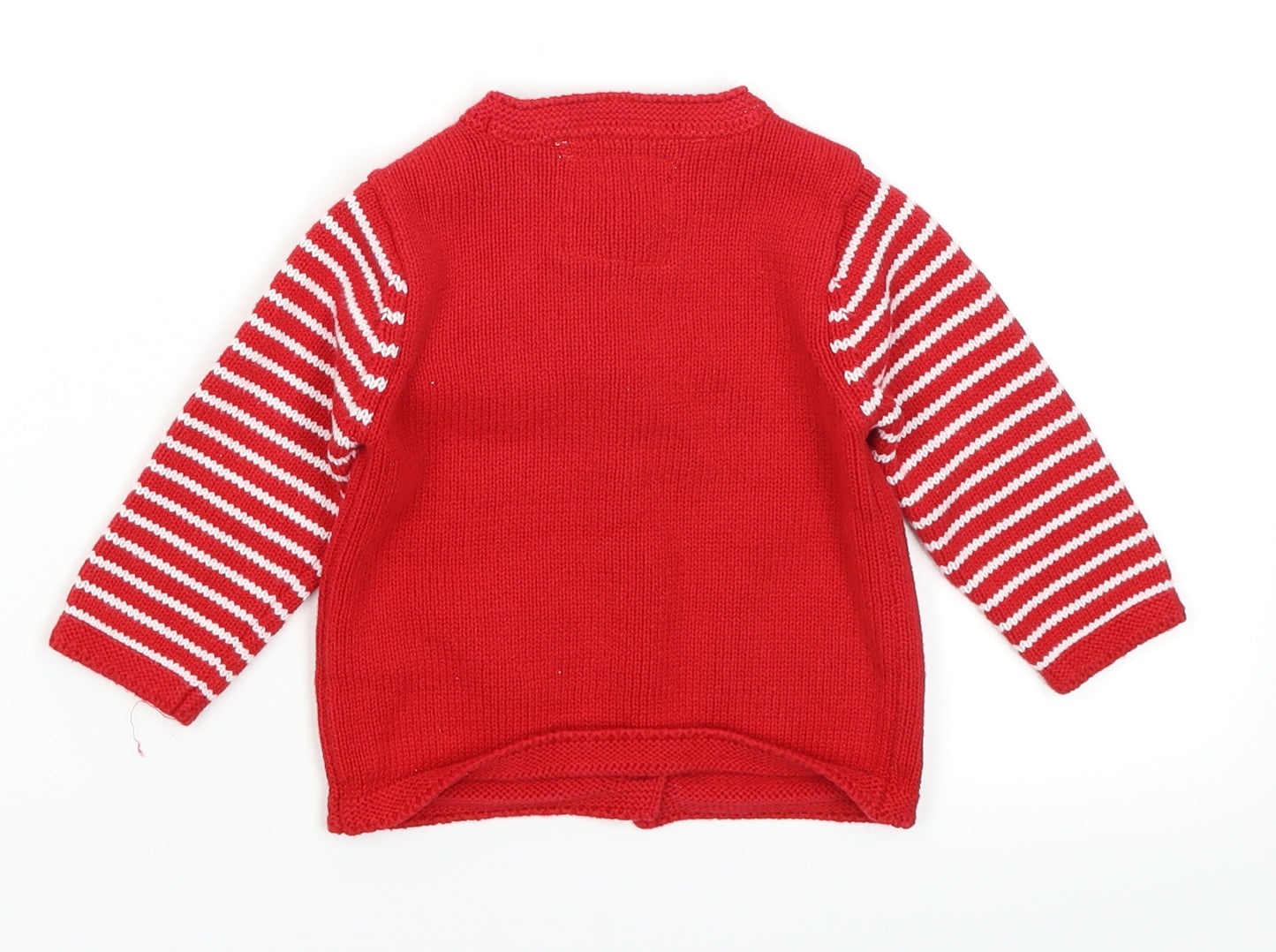 Fred & Flo Girls Red Striped Knit Cardigan Jumper Size 3-6 Months  - Christmas Reindeer Penguin