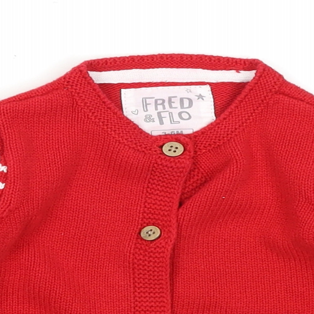 Fred & Flo Girls Red Striped Knit Cardigan Jumper Size 3-6 Months  - Christmas Reindeer Penguin