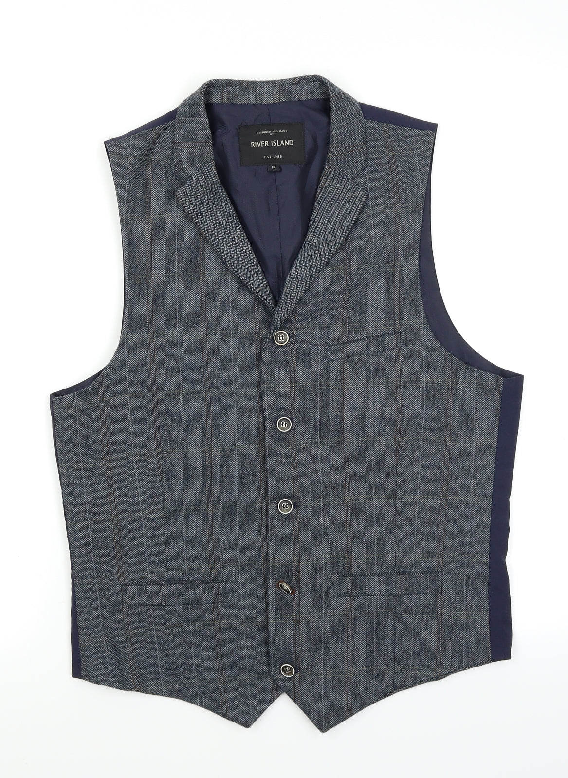 River Island Mens Grey Plaid  Jacket Suit Waistcoat Size M