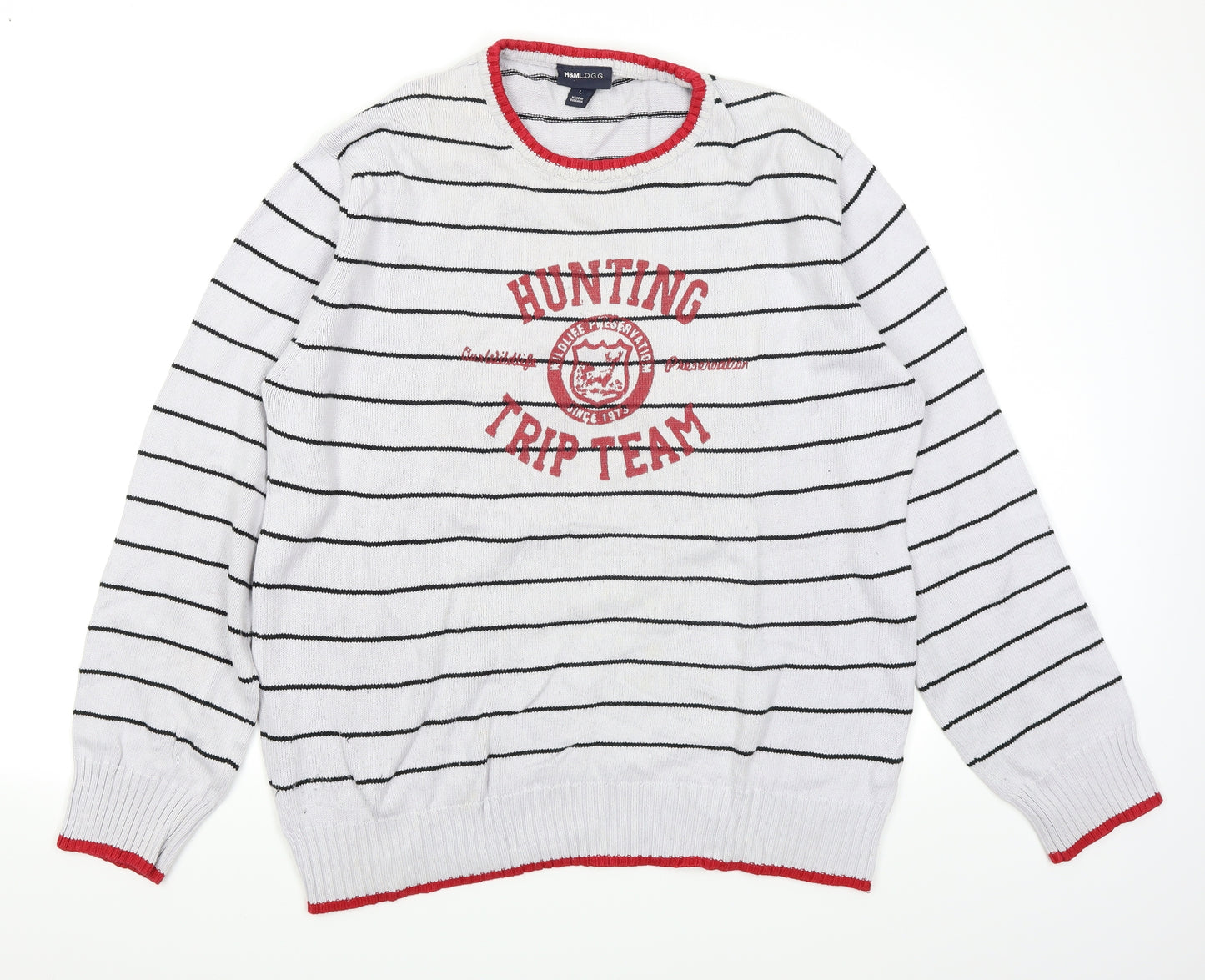 H&M L.O.G.G Mens Grey Striped  Pullover Jumper Size L