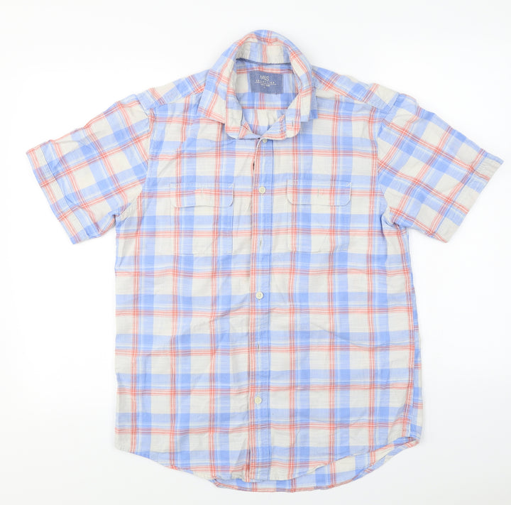 Marks and Spencer Mens Blue Check Button-Up Size S