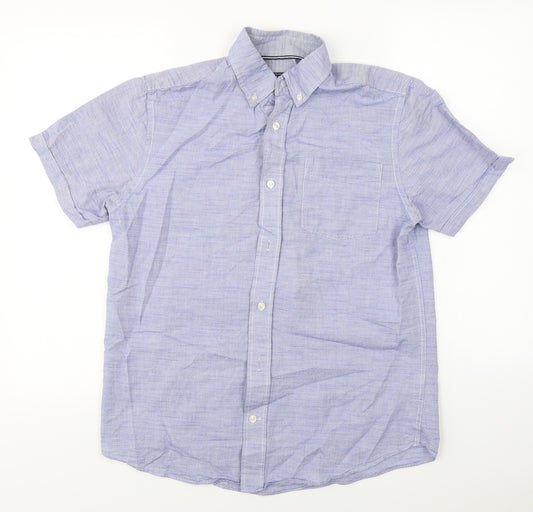 Front view of Maine New England men’s blue button-up, size S