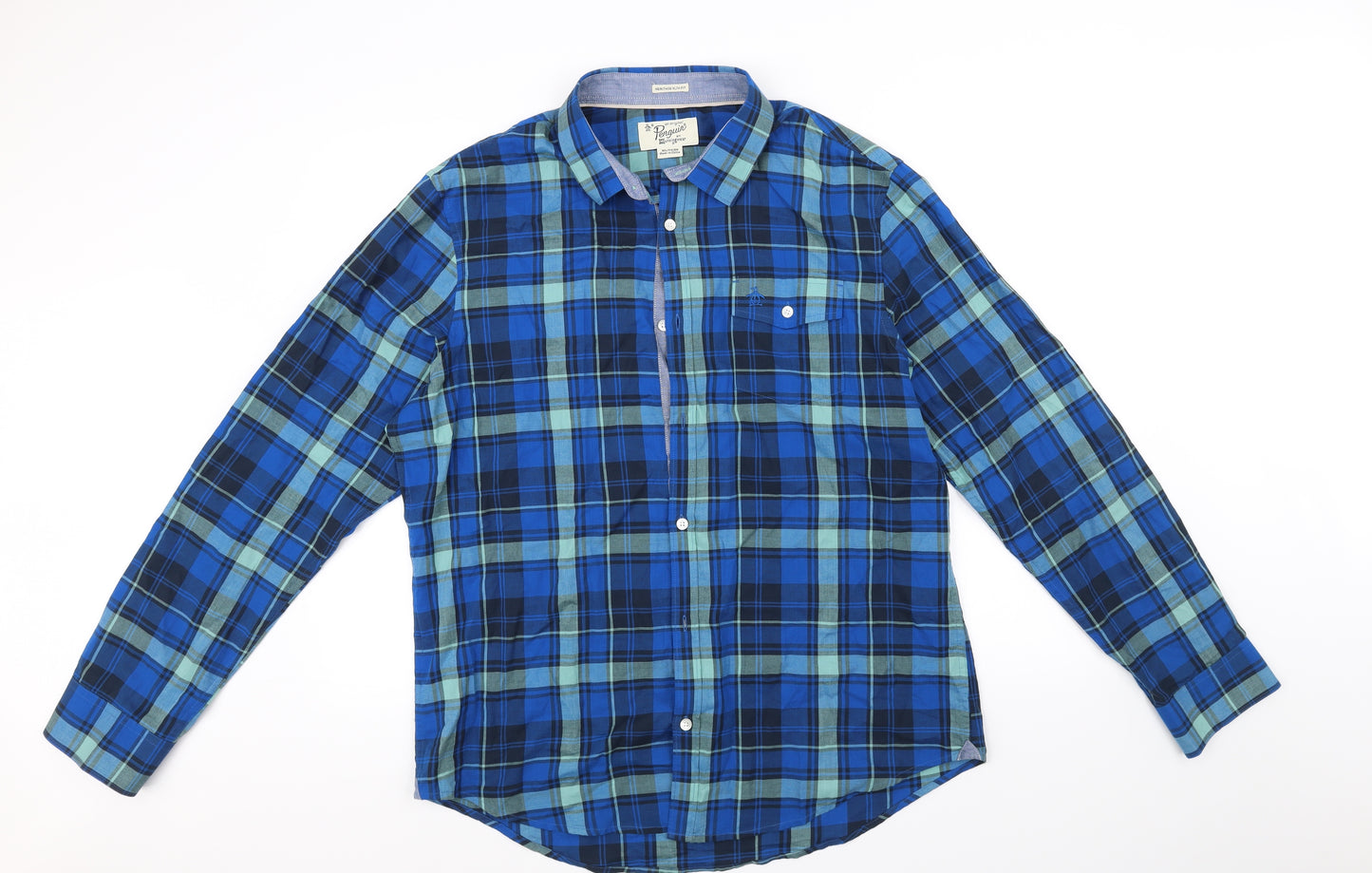 Original Penguin Mens Blue Check   Button-Up Size XL