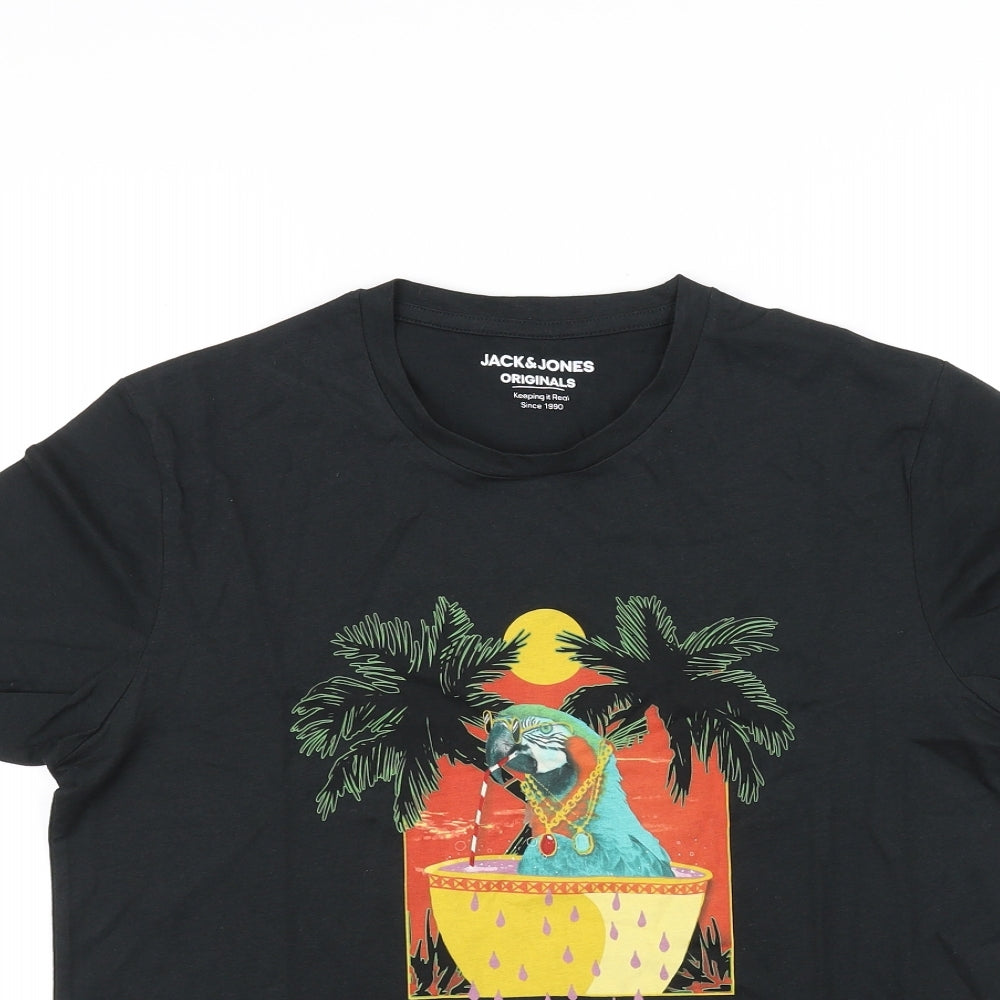 Janie and Jack Mens Black    T-Shirt Size M  - parrot