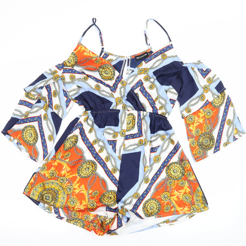PRETTYLITTLETHING Womens Multicoloured Geometric Satin Playsuit One-Piece Size 8 L3 in - Cut out shoulder