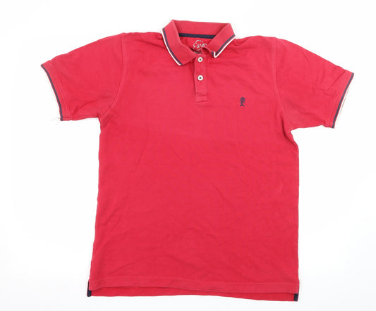 Front view of Easy men’s red jersey polo, size M