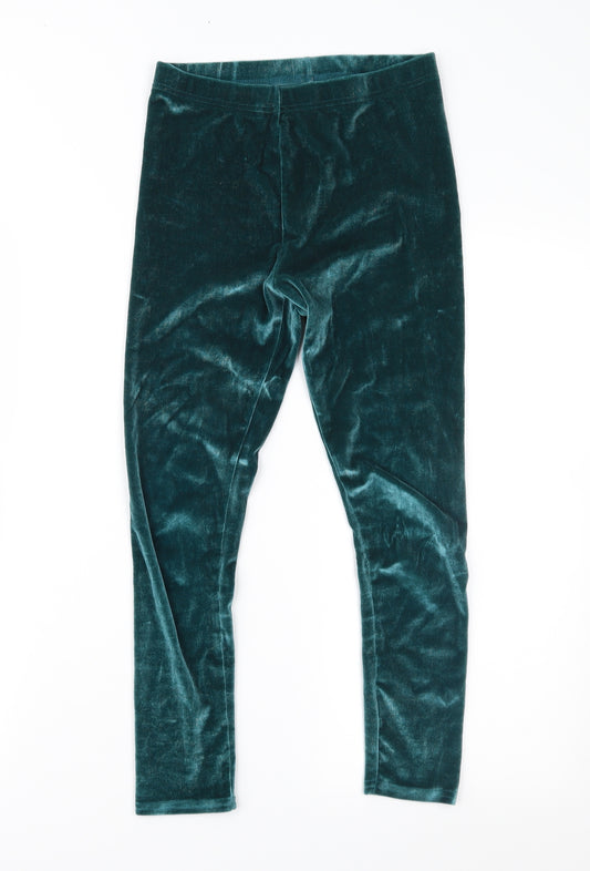 Front view of Next girls’ green velour jegging trousers, size 9, years