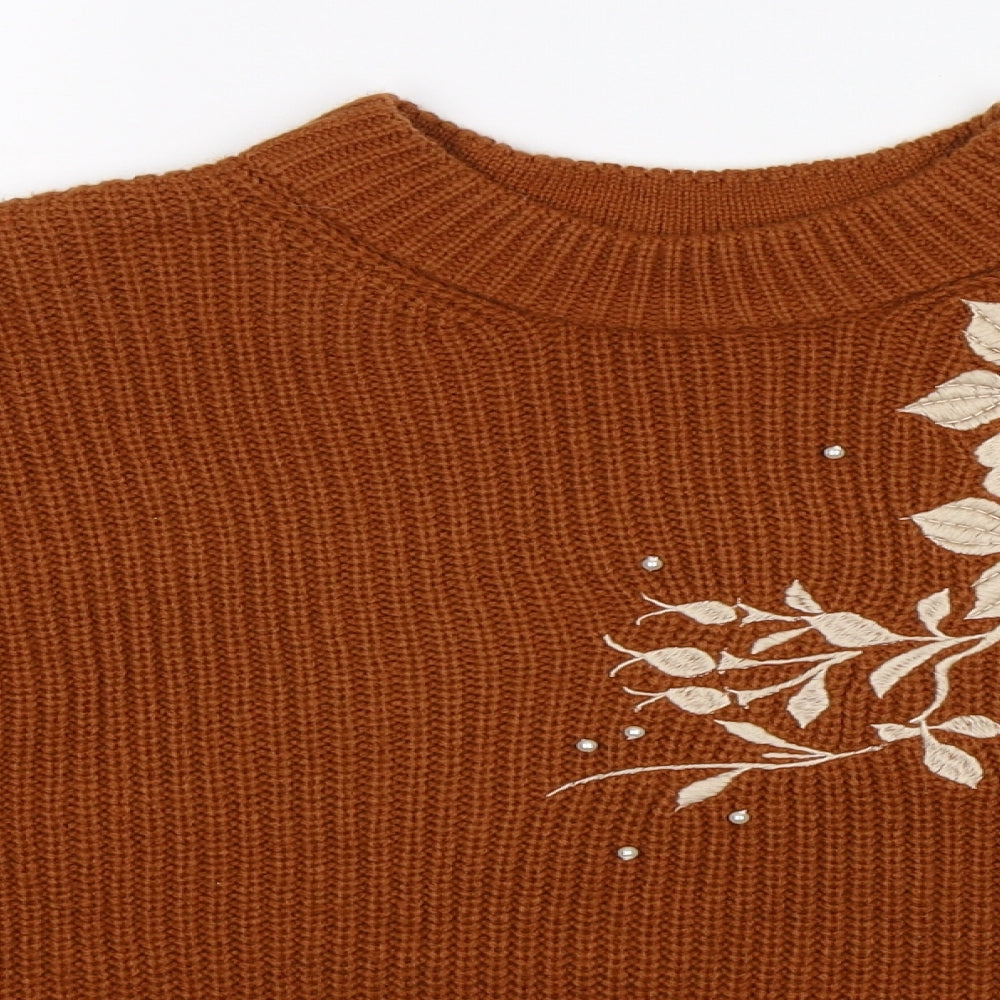 Miss Selfridge Womens Brown Floral Knit Pullover Jumper Size 12