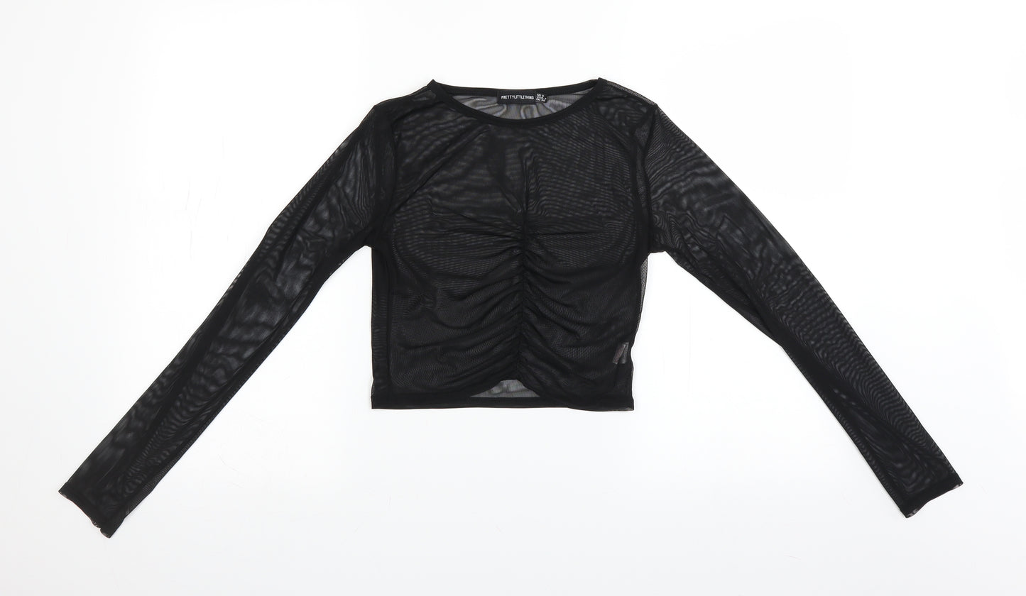 PRETTYLITTLETHING Womens Black  Mesh Cropped Blouse Size 8  - See Through