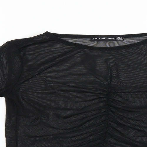 PRETTYLITTLETHING Womens Black  Mesh Cropped Blouse Size 8  - See Through
