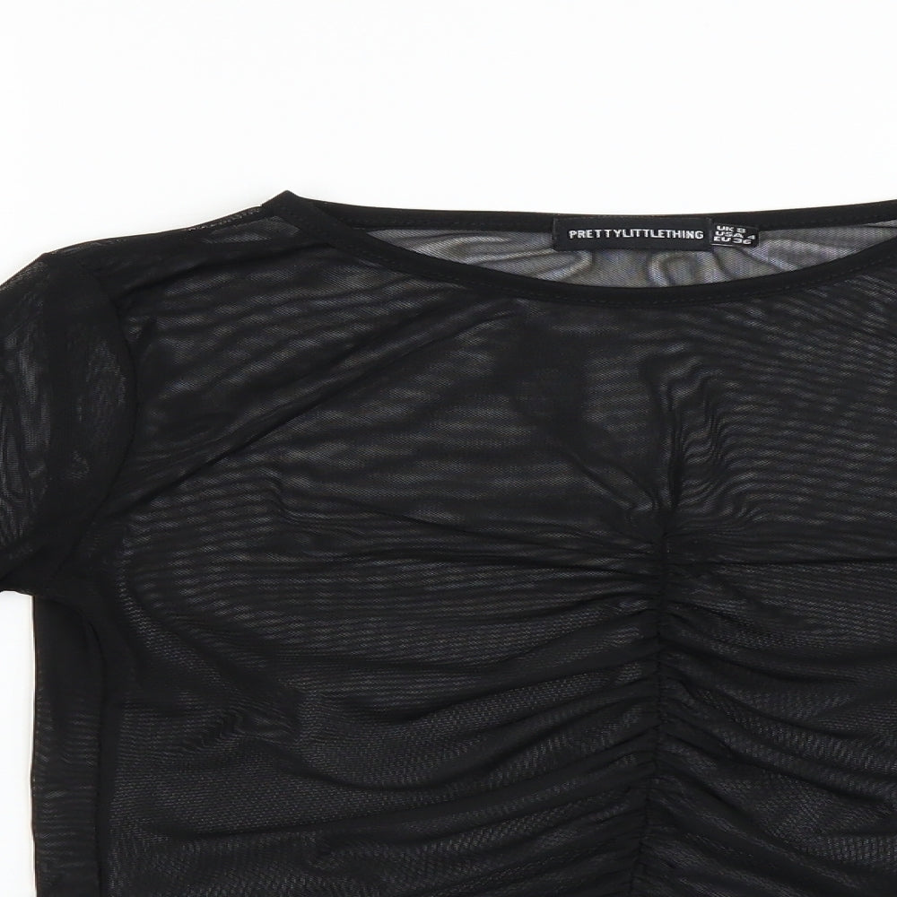 PRETTYLITTLETHING Womens Black  Mesh Cropped Blouse Size 8  - See Through