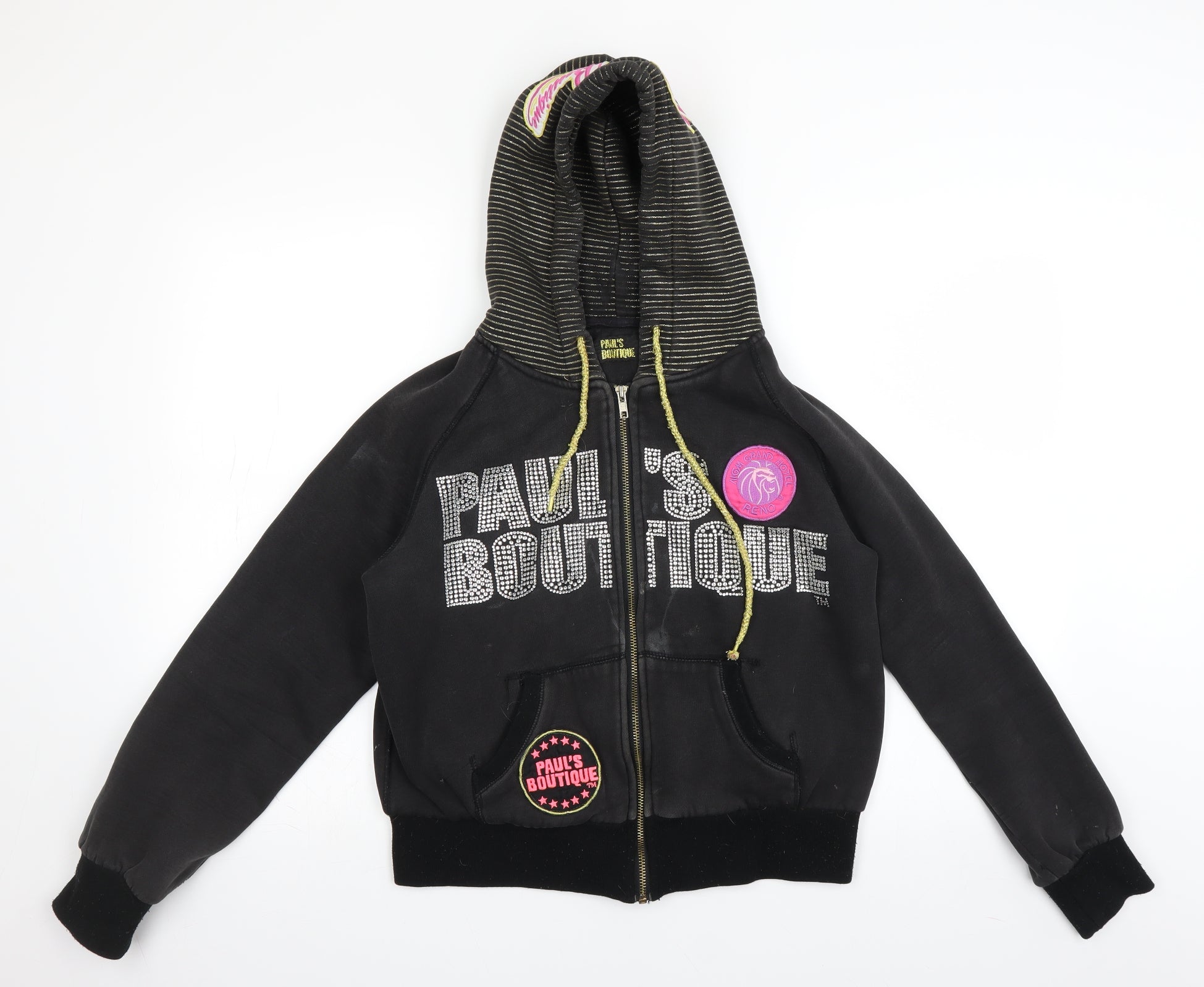 Paul s Boutique Womens Black Full Zip Hoodie Size L gold accents Preworn