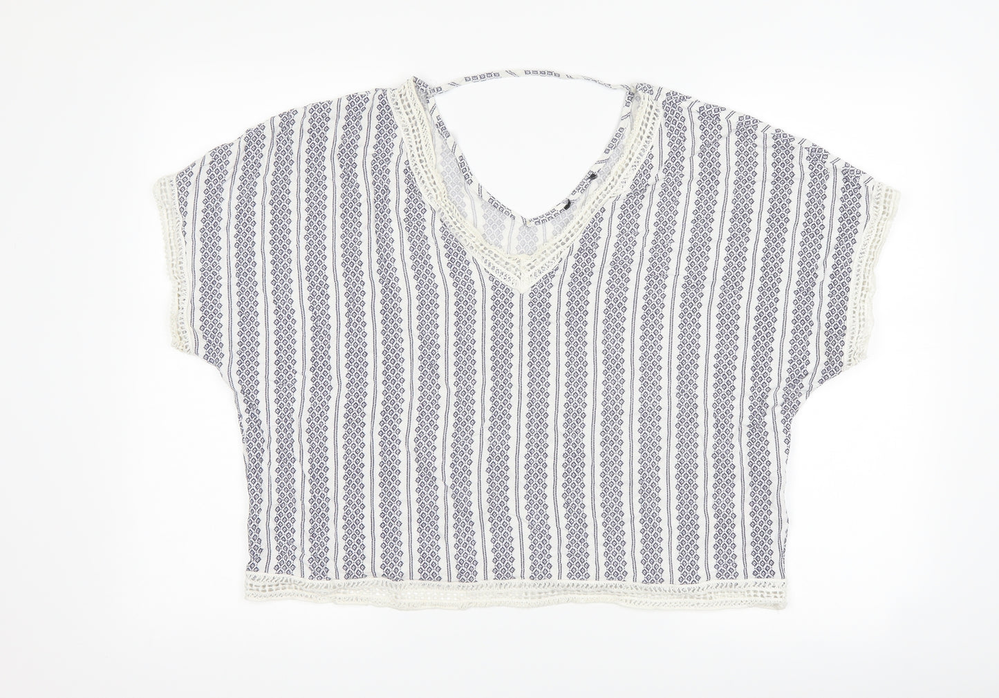 New Look Womens White Geometric  Cropped T-Shirt Size 12