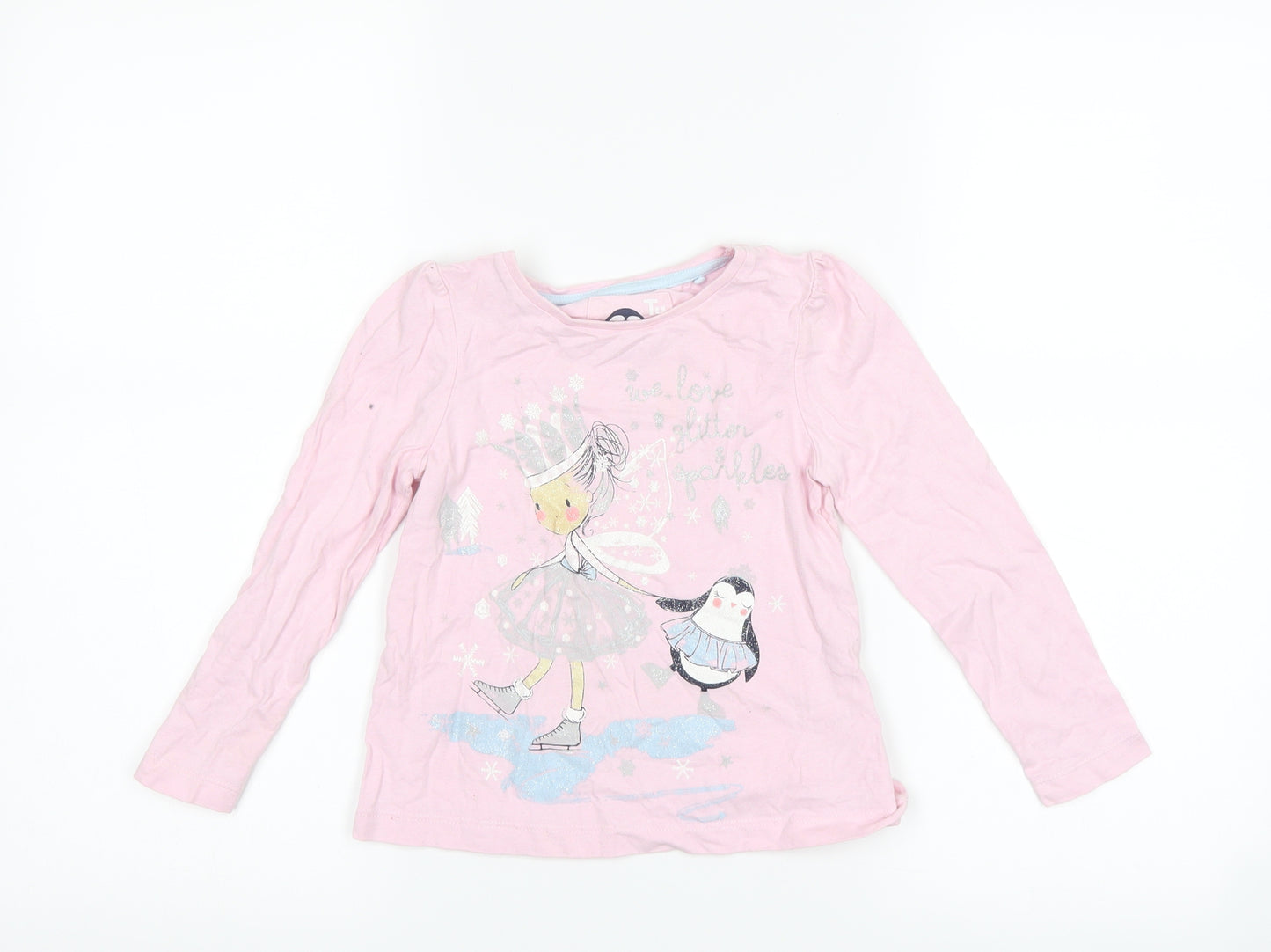 TU Girls Pink   Basic T-Shirt Size 3-4 Years  - girl and penguin
