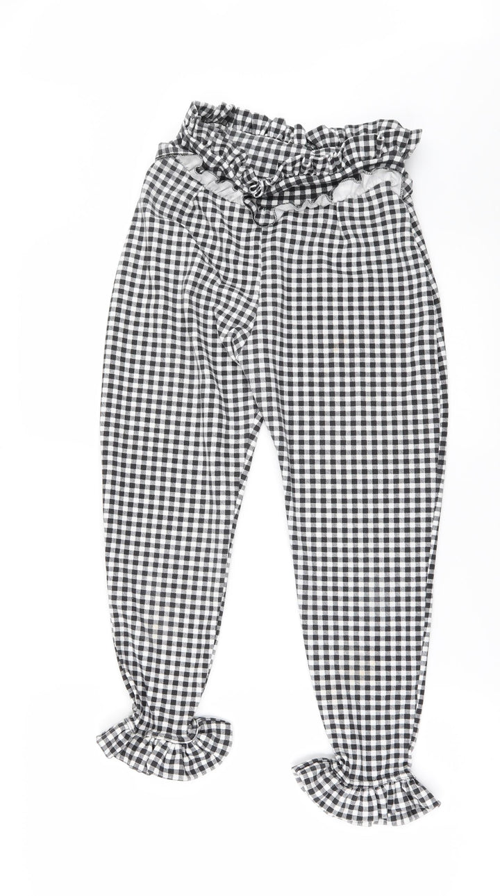 PRETTYLITTLETHING Womens Black Check  Chino Trousers Size 8 L24 in - frilled hem