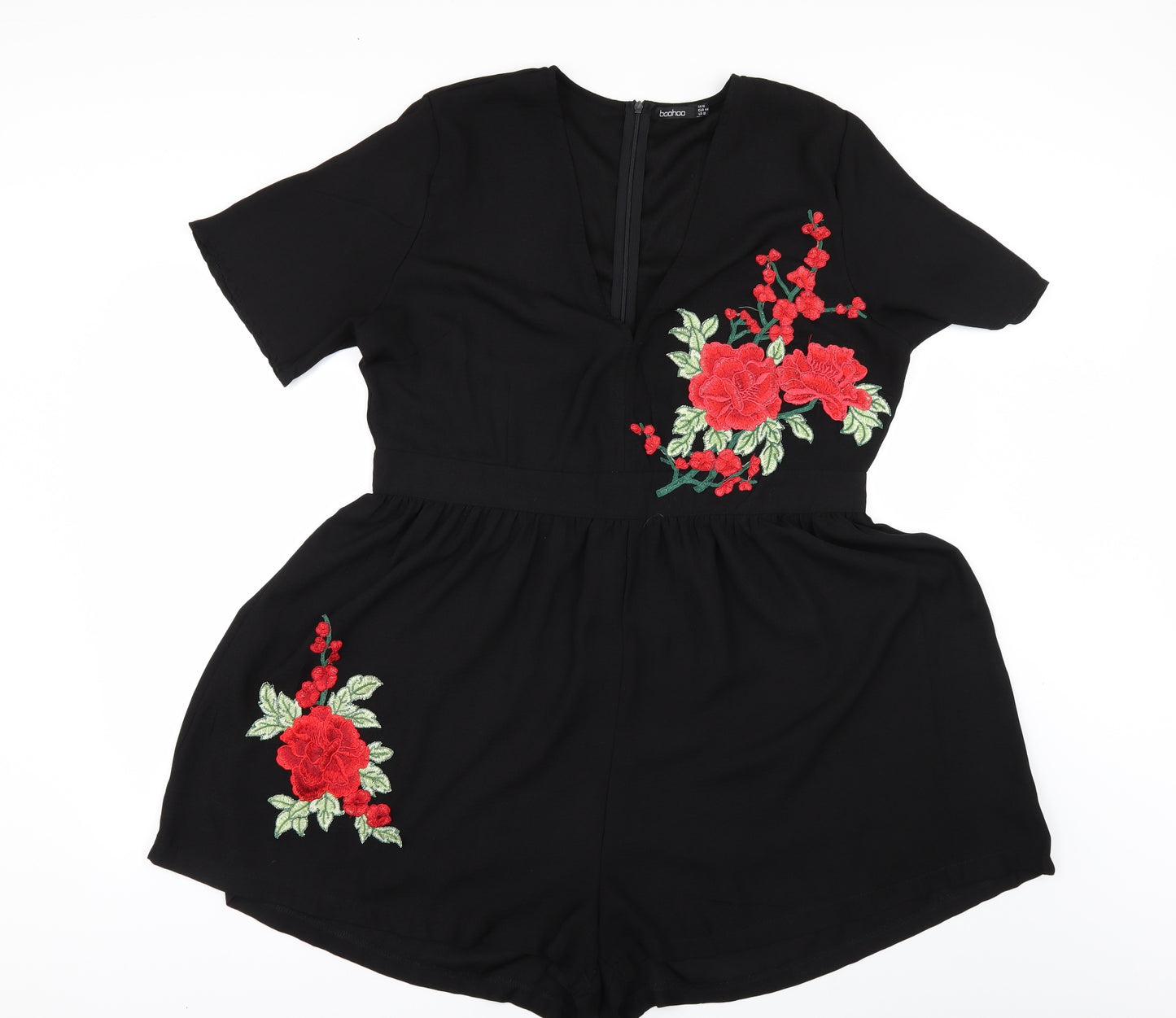 Boohoo Womens Black Floral  Playsuit One-Piece Size 16
