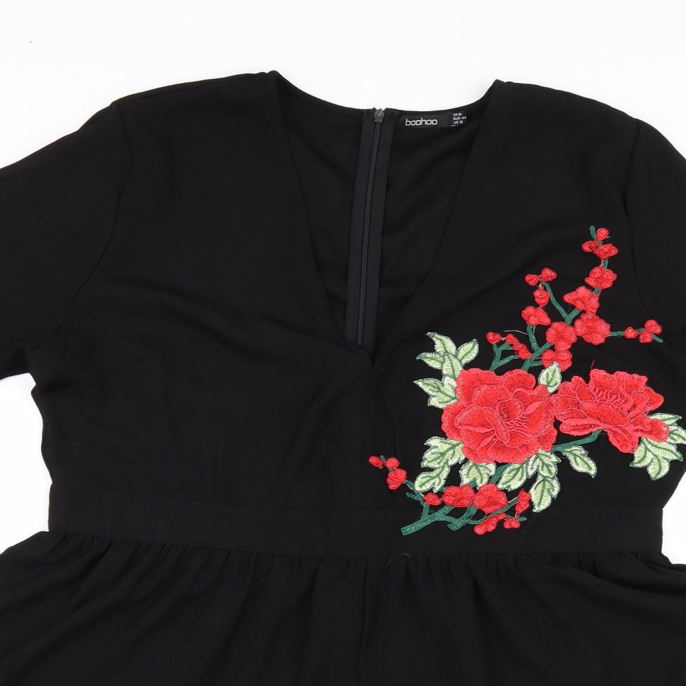 Boohoo Womens Black Floral  Playsuit One-Piece Size 16