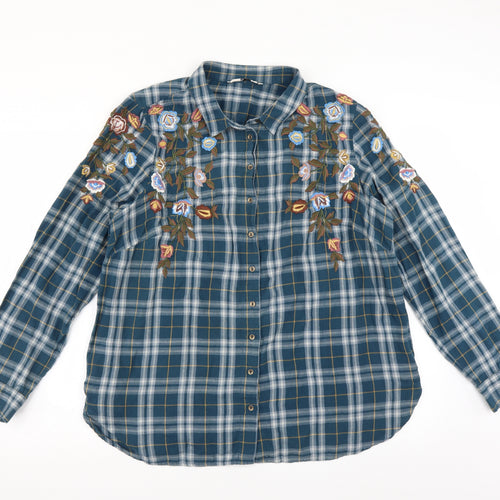 Sainsburys Womens Blue Check  Basic Button-Up Size 18  - Floral embroidery