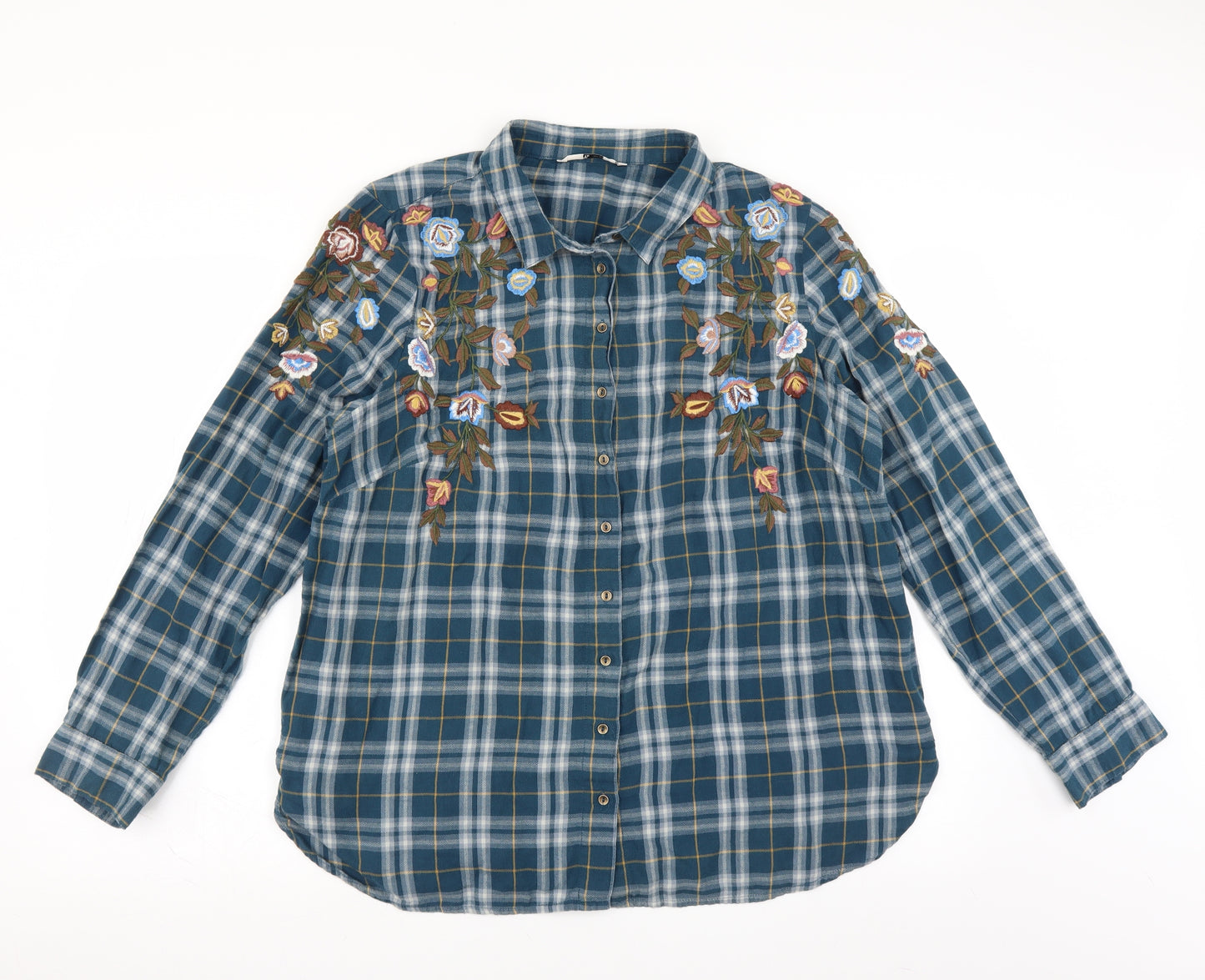 Sainsburys Womens Blue Check  Basic Button-Up Size 18  - Floral embroidery