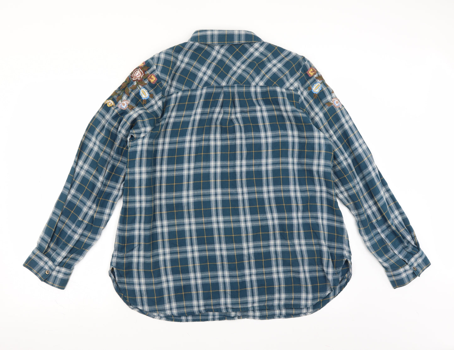 Sainsburys Womens Blue Check  Basic Button-Up Size 18  - Floral embroidery