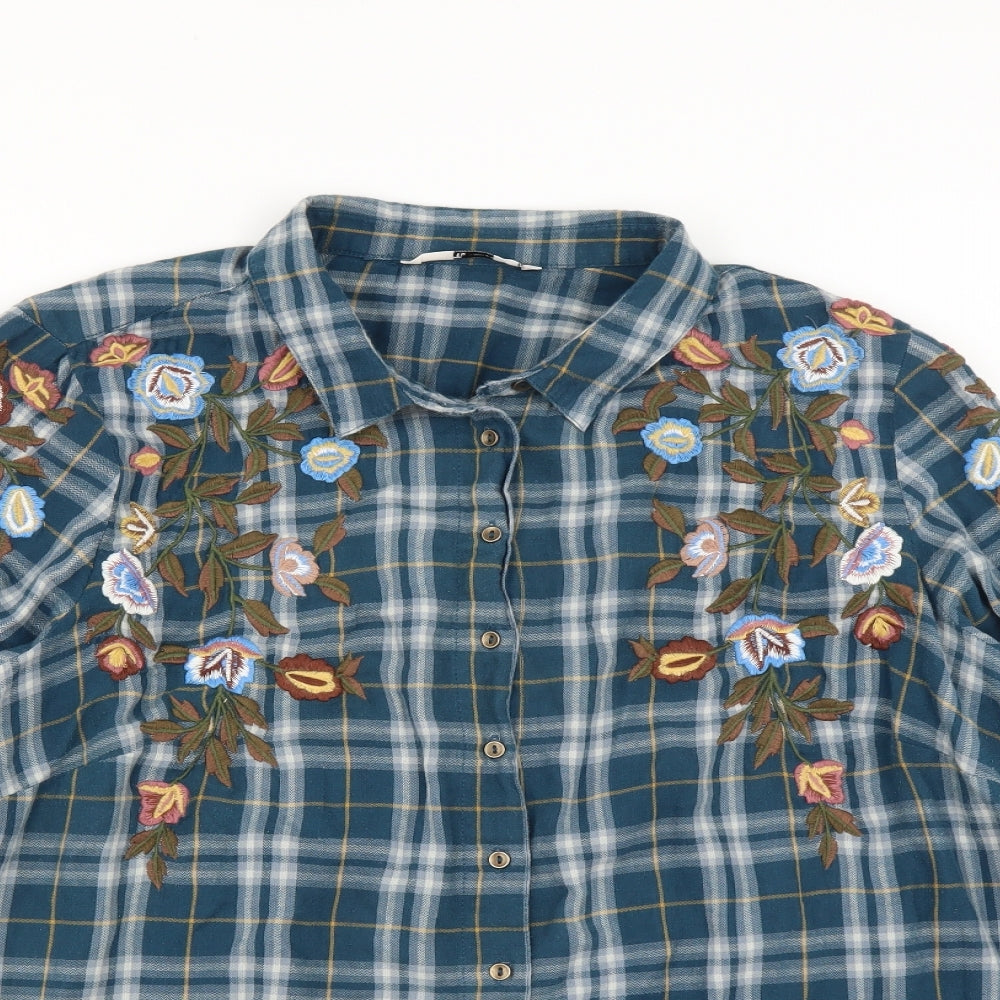 Sainsburys Womens Blue Check  Basic Button-Up Size 18  - Floral embroidery