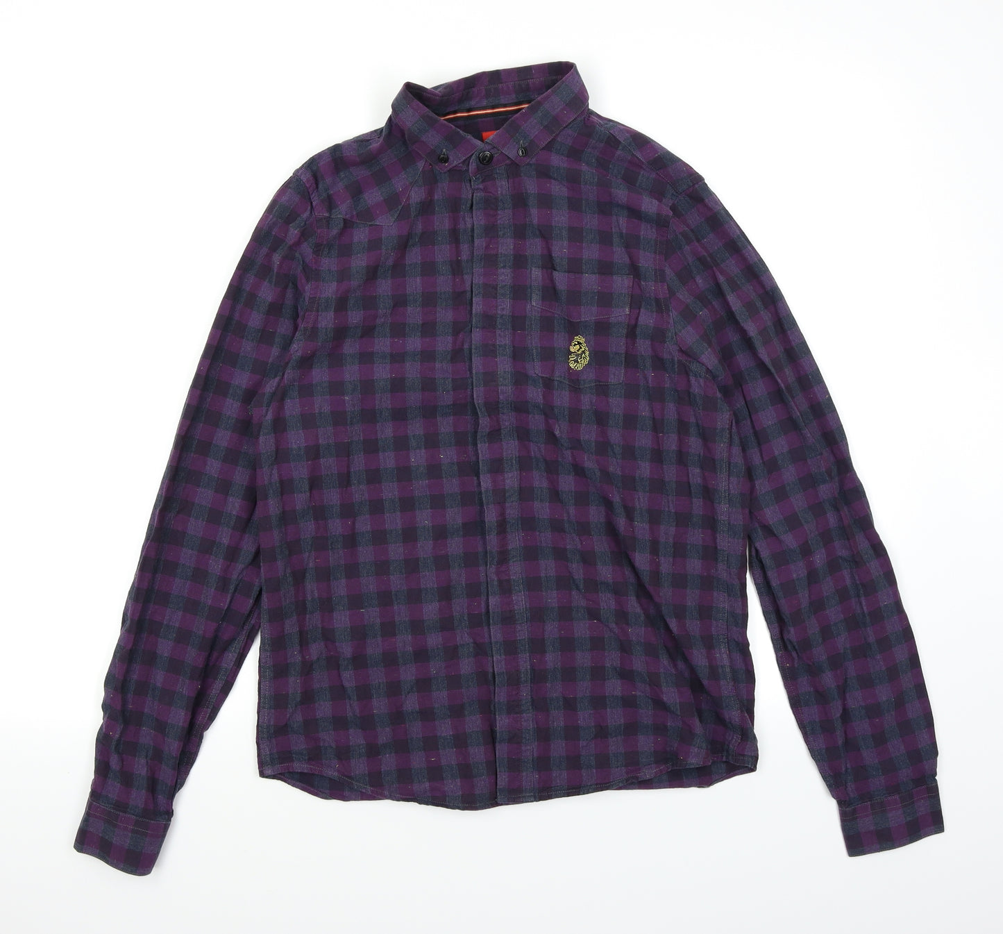 Luke Mens Purple Plaid Flannel  Polo Size M