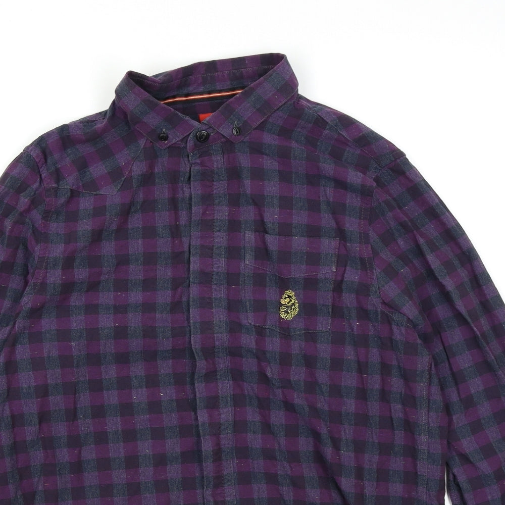 Luke Mens Purple Plaid Flannel  Polo Size M