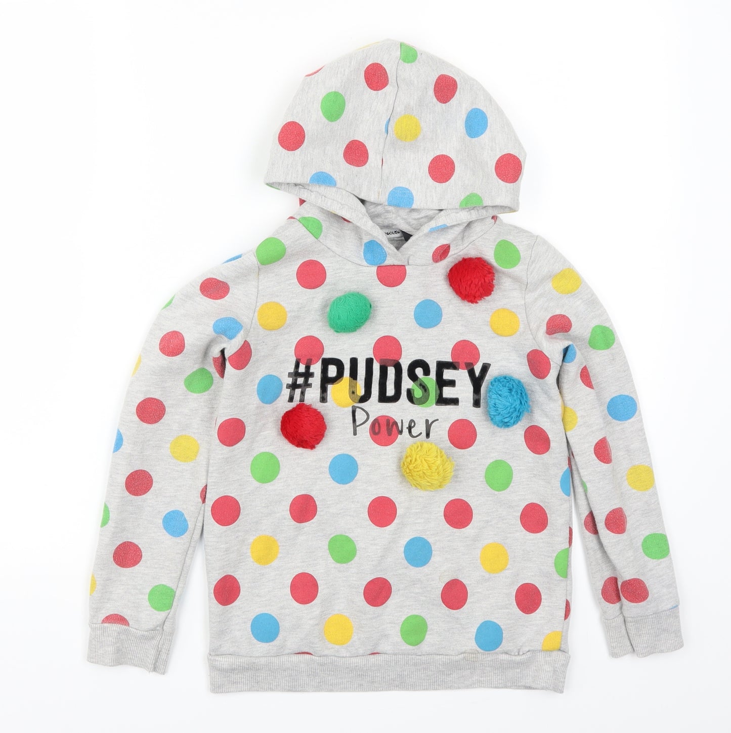George Girls Grey Polka Dot  Pullover Hoodie Size 9-10 Years  - Pudsey Power Pom Poms