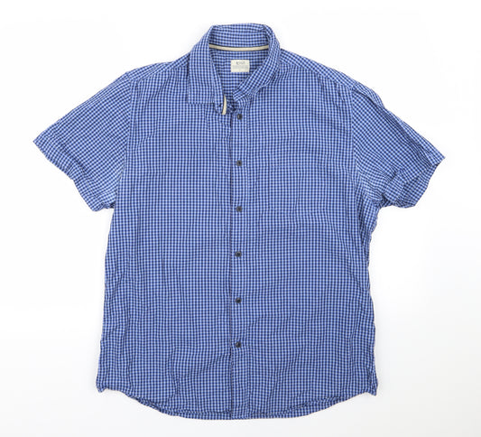 Front view of ACW85 men’s blue check button-up, size L