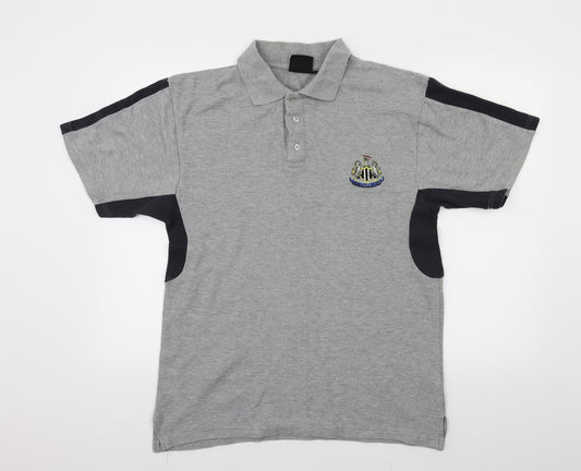 Front view of official merchandise men’s grey polo, size S