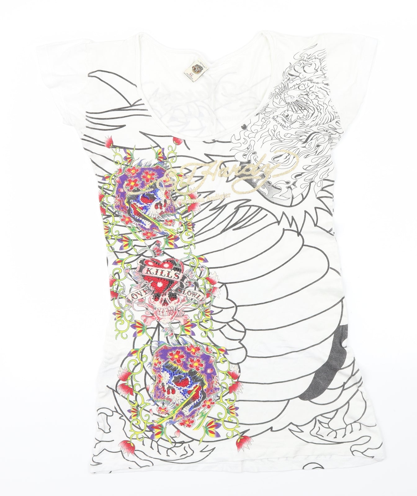 E L Hardy Womens White Colourblock  Basic T-Shirt Size XL  - sculls
